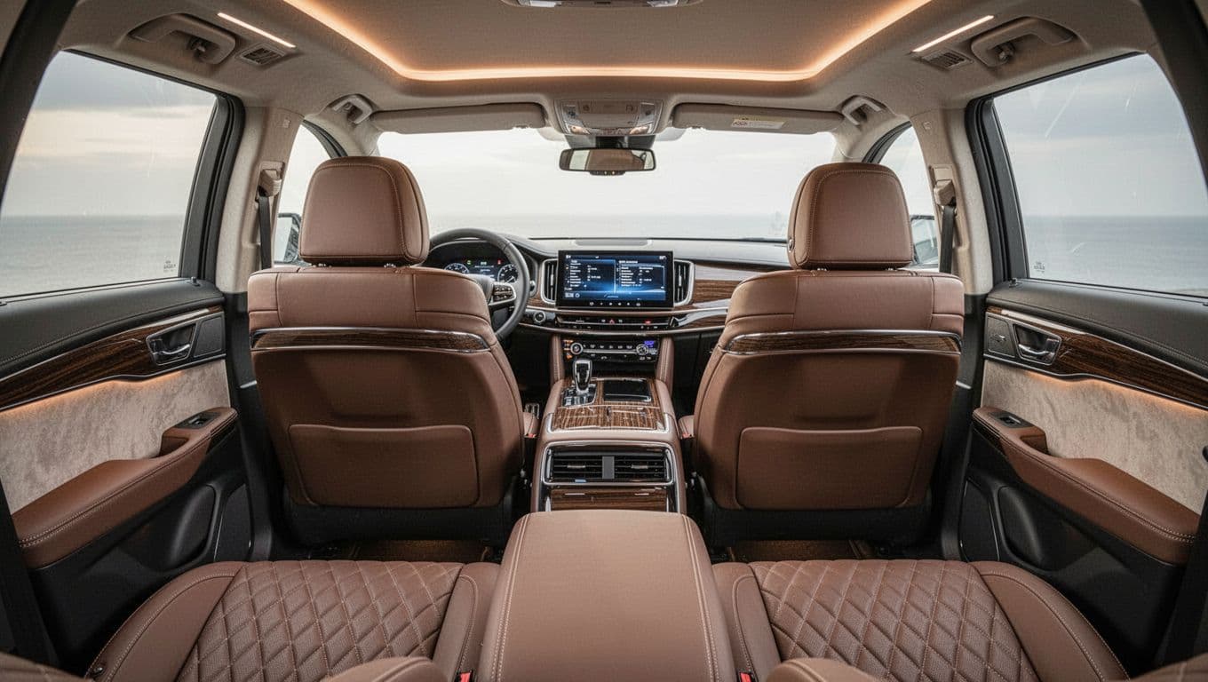 View from the front passenger seat of the 2026 Mazda CX-90 three-row SUV interior, featuring a dual-screen dashboard, quilted leather second-row captain's chairs, suede door accents, wood trim, and soft ambient lighting in an empty, luxurious cabin.