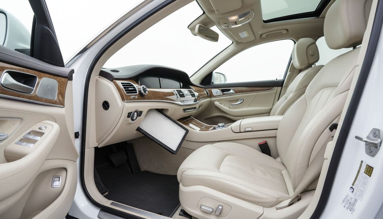 Clean luxury car interior post-maintenance with vacuumed seats, fresh cabin filter, subtle freshener on vent, and open door showing pristine condition in bright natural light.