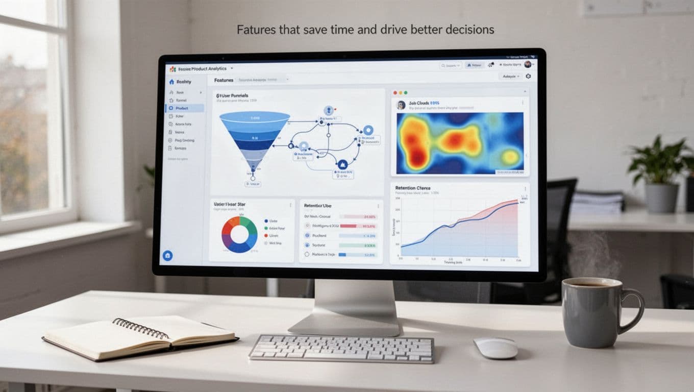 Clean computer screen on an office desk displaying a product analytics dashboard with funnel chart, user path diagram, heatmap overlay, and retention curve graph. Professional infographic style in natural daylight, accompanied by notebook and coffee mug.