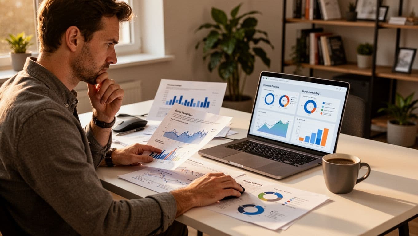 A product manager in a modern home office thoughtfully reviews printed analytics reports alongside a laptop displaying comparison charts for different tools. Pensive expression with coffee nearby in warm afternoon light.