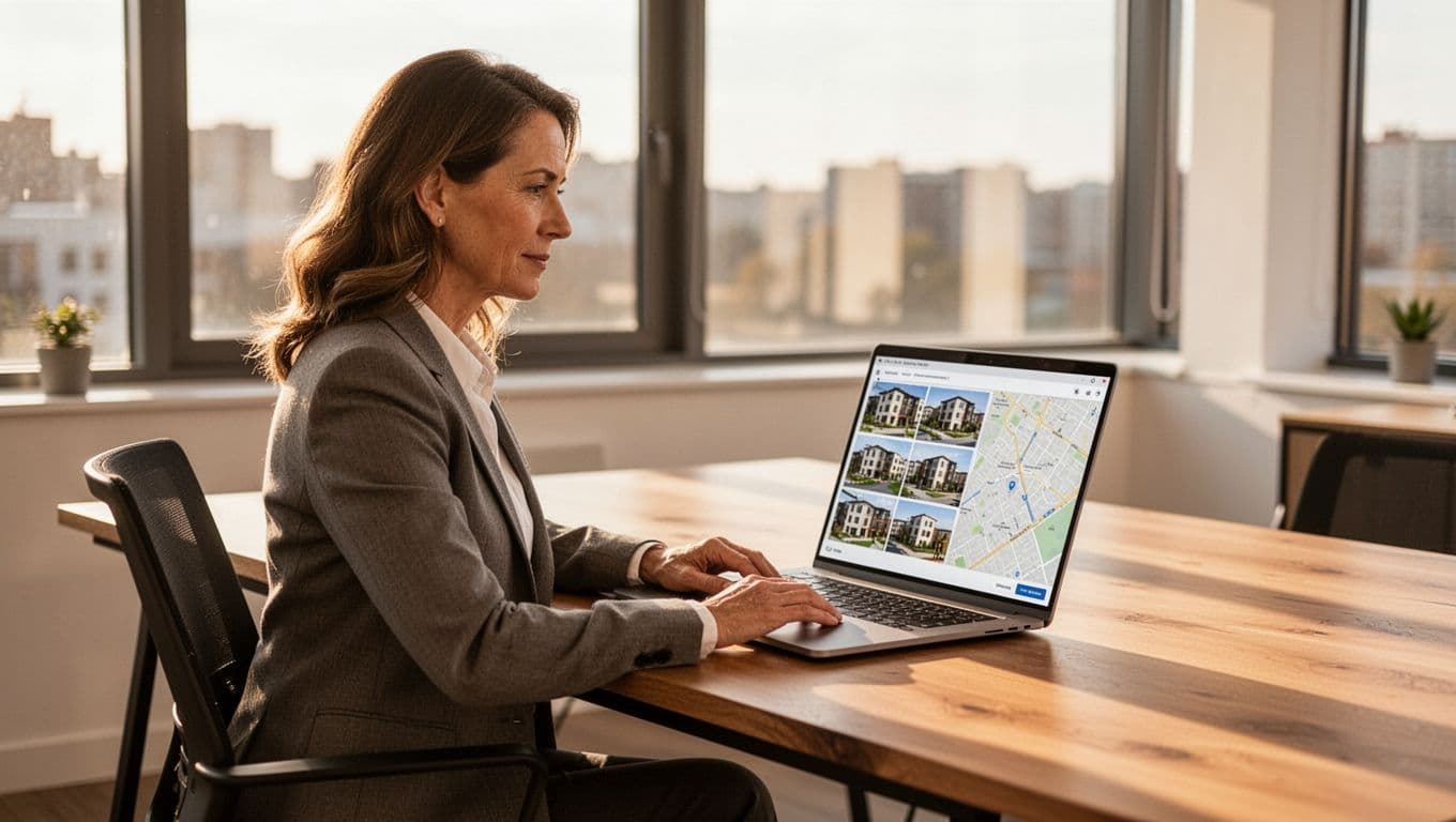 A mid-30s woman in business casual sits at a modern wooden desk in a bright office with large windows, viewing an angled laptop screen showing property listings with apartment photos and a map. Warm natural daylight illuminates the realistic, high-detail scene with exactly one person.