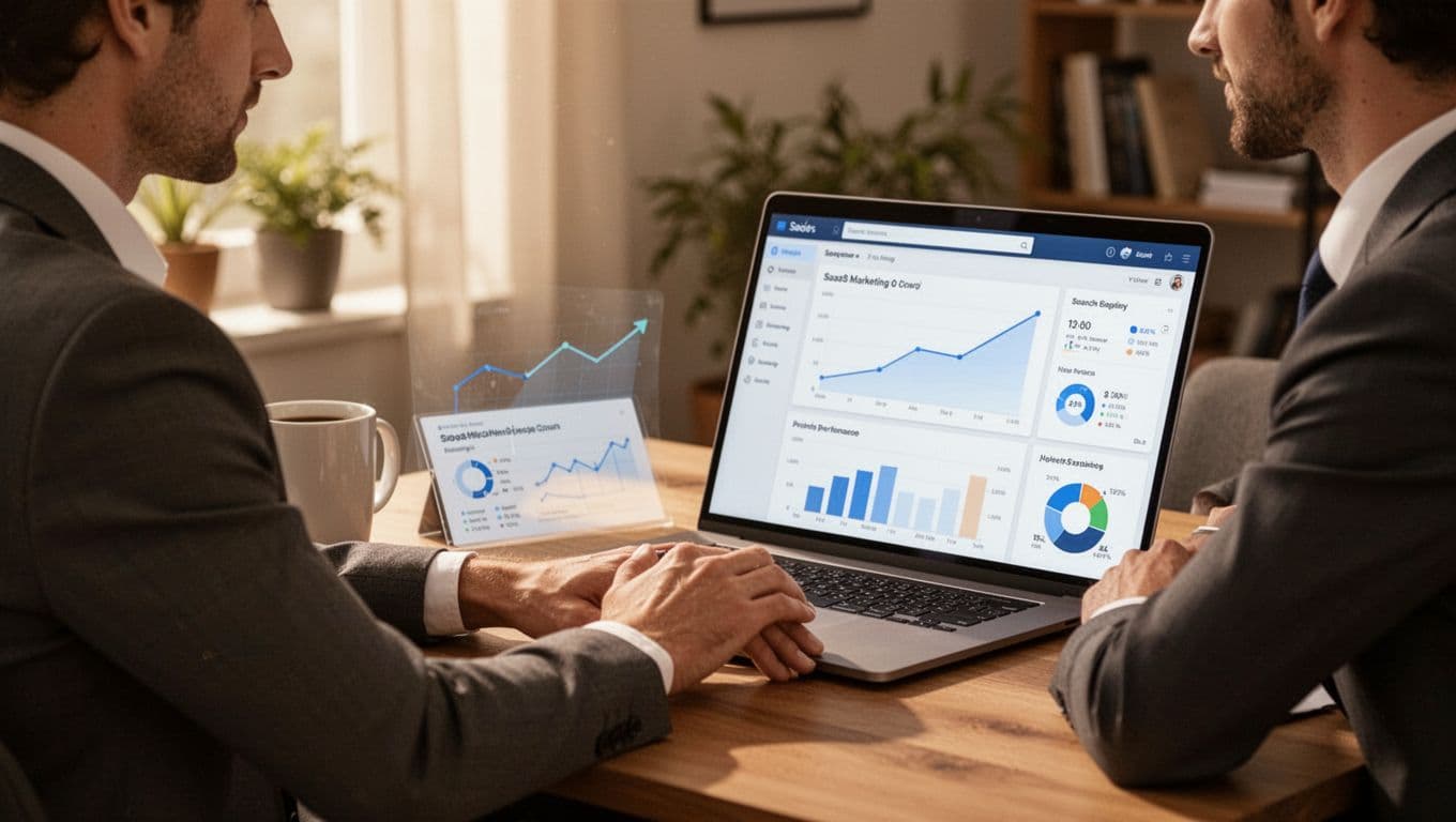 A business professional sits relaxed at a desk in a home office, reviewing a SaaS marketing dashboard on a laptop angled away, with charts showing growth metrics and a coffee mug nearby, under warm natural light.