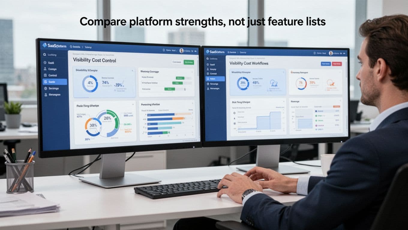 A professional at a desk compares SaaS platform dashboards side by side on dual monitors, highlighting strengths in visibility, cost control, and workflows in a clean office with soft lighting focused on screens, no text or logos.