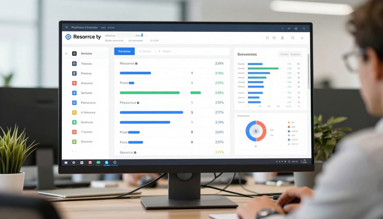 A modern professional services dashboard on a large computer screen in a bright office setting with one person at the desk, displaying project timelines, resource allocation charts, time tracking summaries, budget bars, and profitability metrics in a clean interface with graphs and cards.