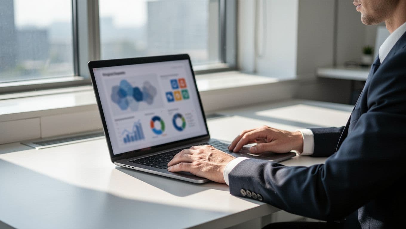 Business professional sits at modern office desk reviewing SaaS agency portfolios on laptop with blurred case studies, metrics charts, and project icons on screen.