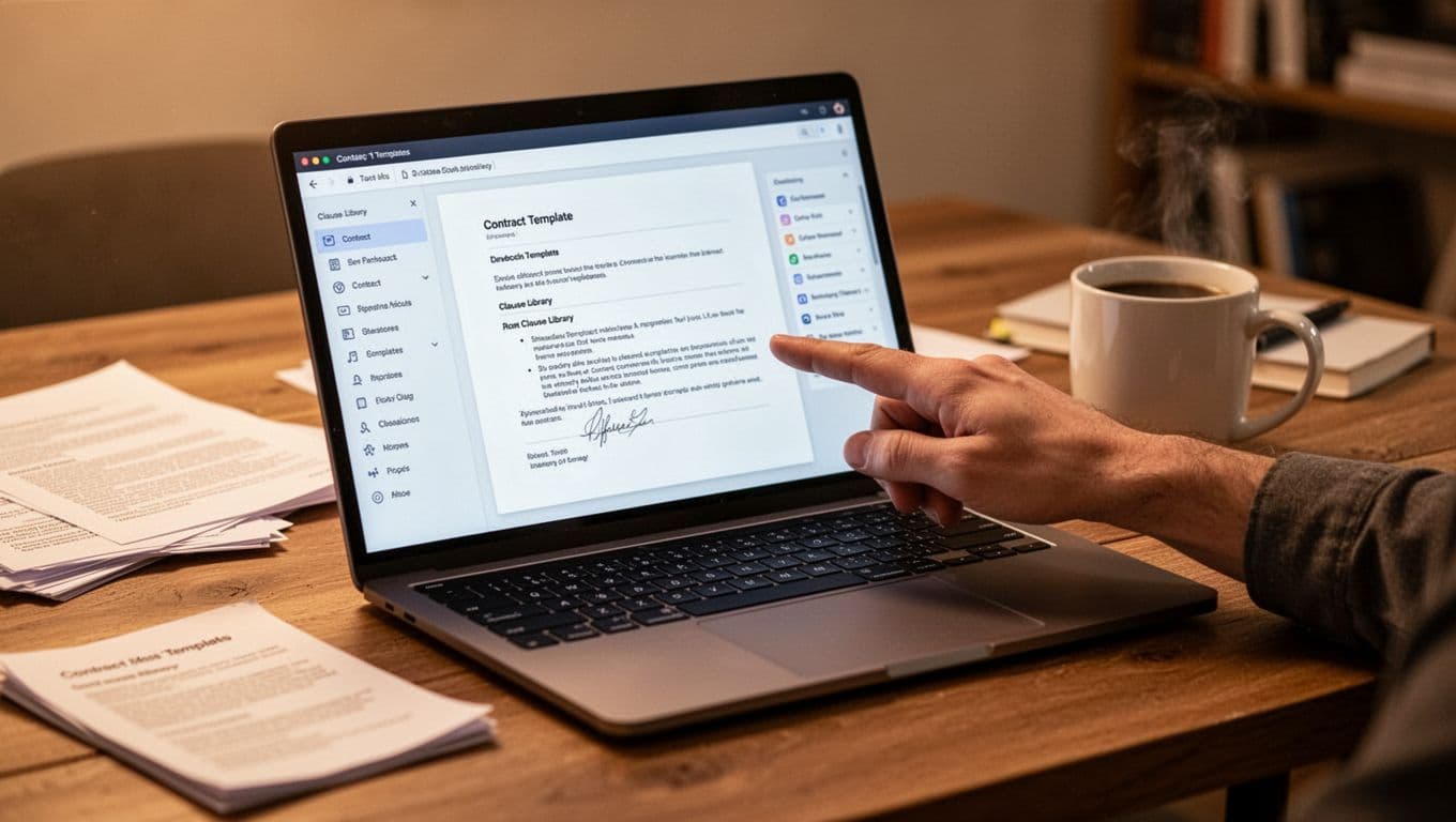 Professional workspace featuring an open laptop displaying contract templates and clause library sidebar, with paperwork transitioning to digital and a relaxed hand pointing at the screen on a wooden desk with coffee mug under warm ambient light.