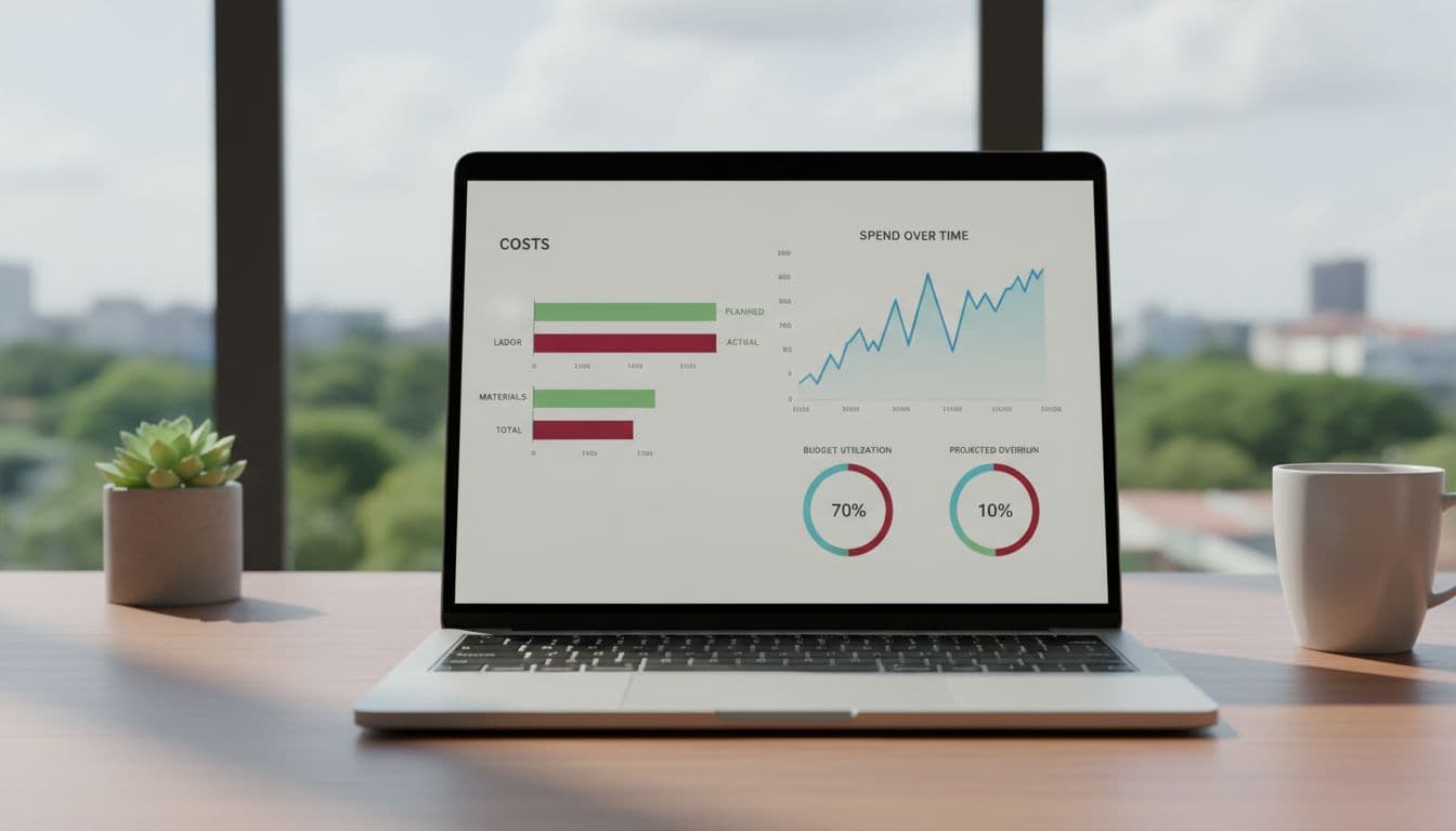 Clean laptop screen on a wooden desk displaying a project budget dashboard with bar charts comparing planned green bars to actual red bars for labor, materials, and total, plus a simple line graph for spend over time in a modern flat design interface.