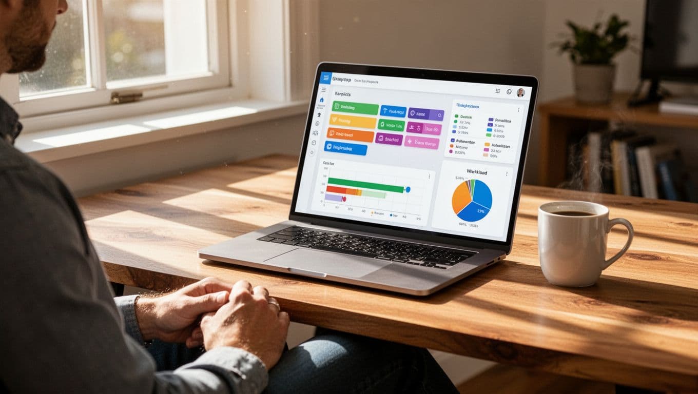 Modern laptop on a wooden desk in a bright home office displays a clean project management dashboard featuring colorful Kanban board columns, horizontal timeline bar chart, and workload pie chart for client projects. A single consultant sits relaxed with hands on lap, coffee mug nearby, natural daylight from window, realistic photograph style.