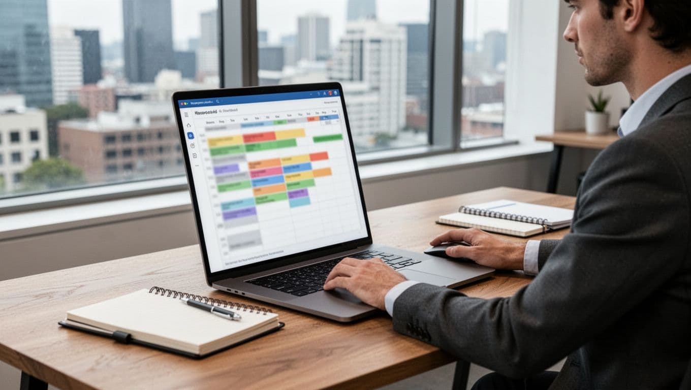 A project manager in a contemporary office sits at a wooden desk, viewing a blurred team workload calendar on a laptop screen angled away, with notepad, planner, city view window, and natural light in realistic photo style.