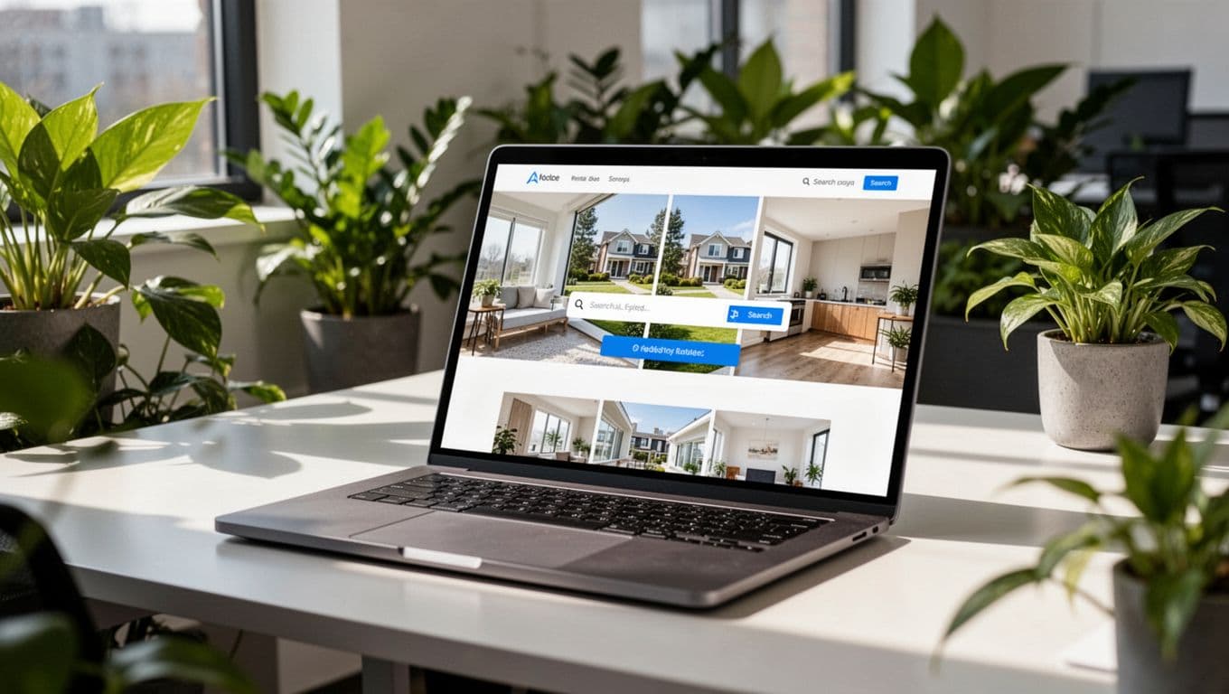 A clean modern laptop on a professional office desk shows a property management website homepage with rental images, search bar, and apply button layout in a bright setting with plants.