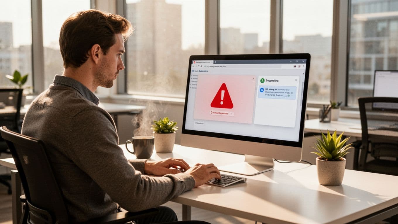 A focused QA engineer at a desk in a modern office views a laptop dashboard showing a red test failure from UI element shift, with AI suggesting a self-healing fix.