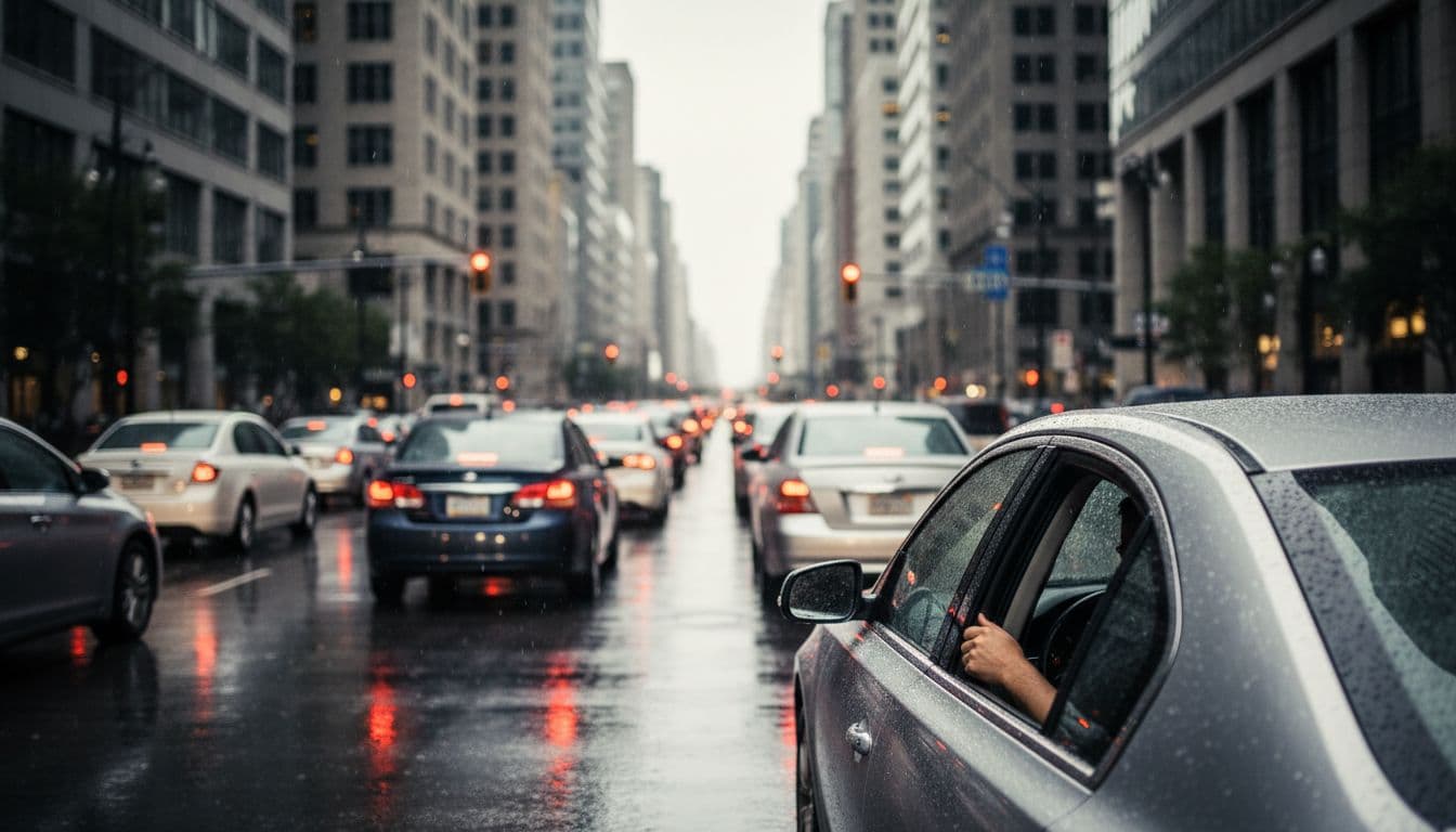 Realistic photo of busy urban traffic on a rainy day, focusing on a prominent silver sedan stopped at a red light, implying automatic transmission ease with a relaxed driver vibe, soft lighting, no people or text visible.