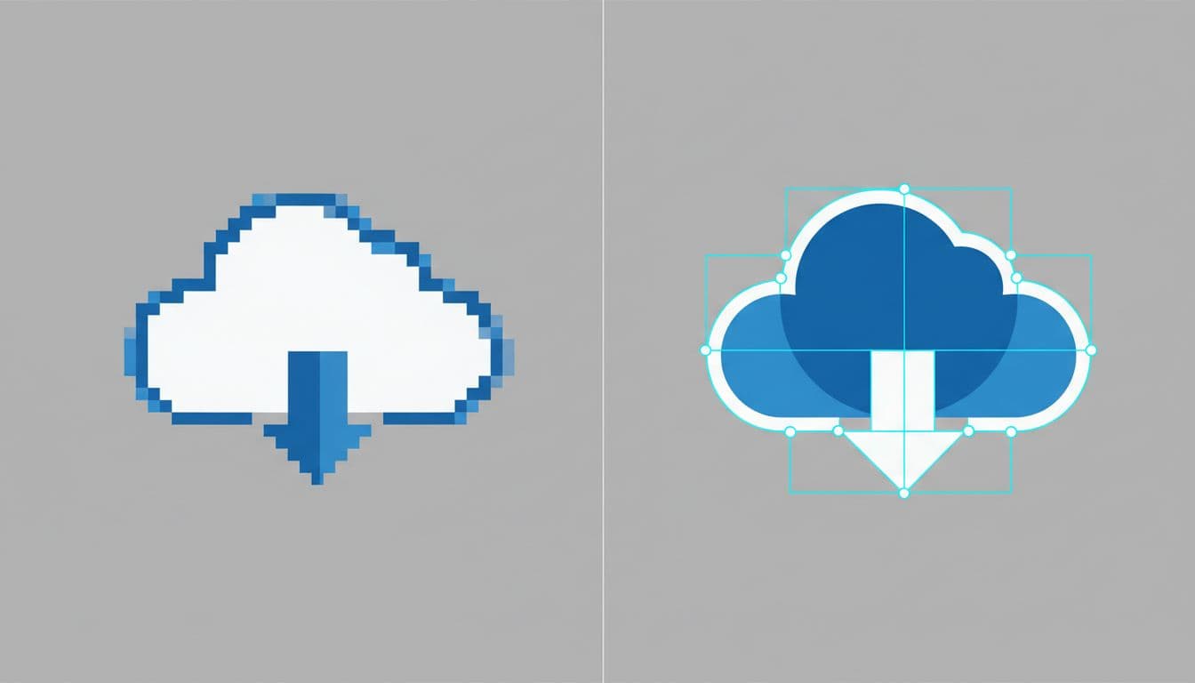 Split-screen view showing a pixelated raster icon on the left transformed into a clean, editable vector version on the right, on a neutral background with even lighting.