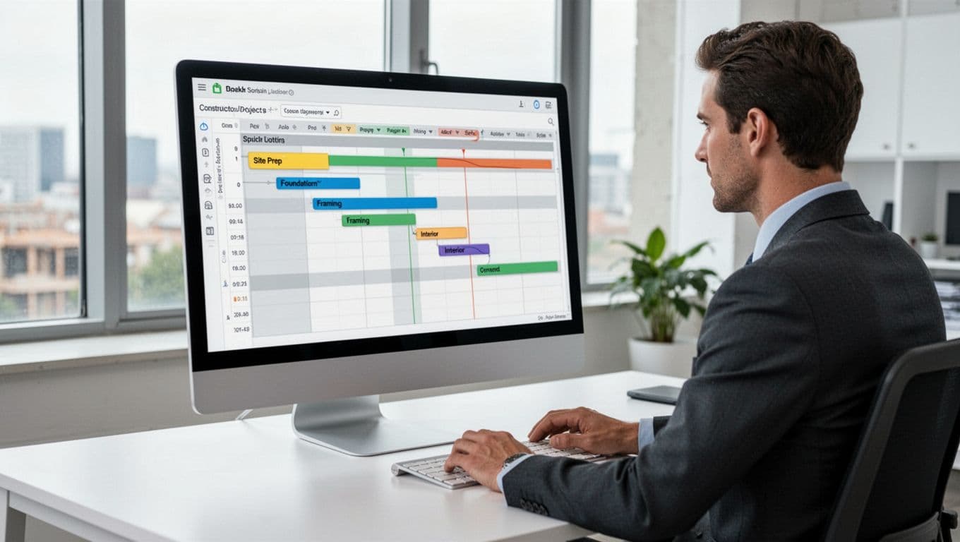 A digital Gantt chart shows a real estate construction project timeline with phases like site prep, foundation, framing, and interior, displayed on a computer monitor in a bright modern office. One project manager sits at the desk, hands relaxed on the keyboard, under natural window lighting.