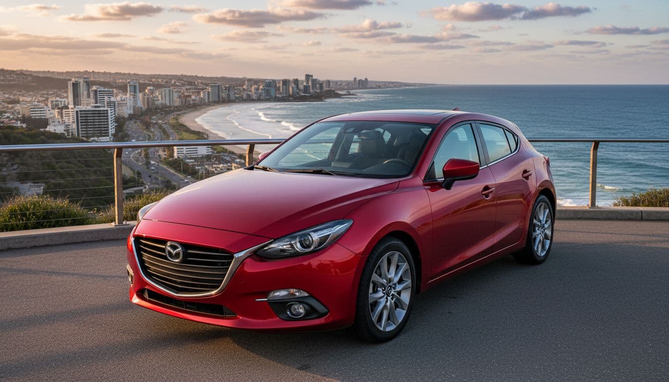 Red 2016 Mazda3 hatchback parked at a city park overlook with ocean view in background, premium clean exterior from front three-quarter angle in realistic photo style under soft afternoon sunlight.