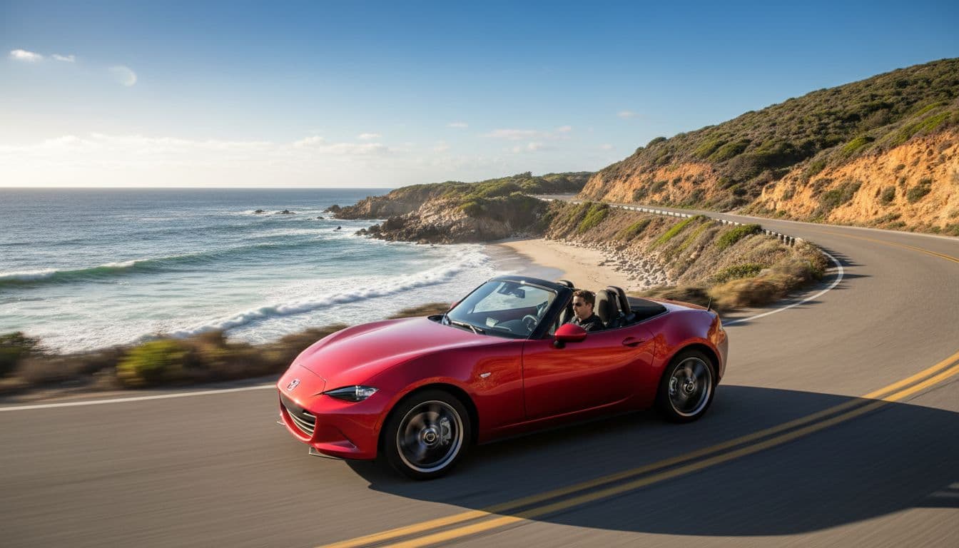 Red Mazda MX-5 Miata convertible driving dynamically around a tight curve on a sunny coastal road, low-angle side view capturing speed and handling in photorealistic style.
