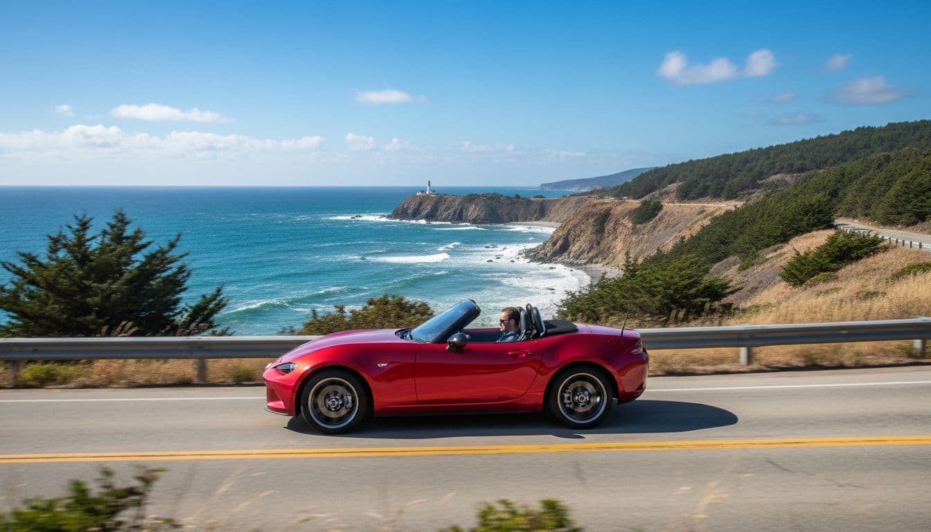 A vibrant red Mazda MX-5 Miata roadster with top down speeds dynamically along a twisty coastal road on a bright sunny day, realistic high-detail photo from side angle.