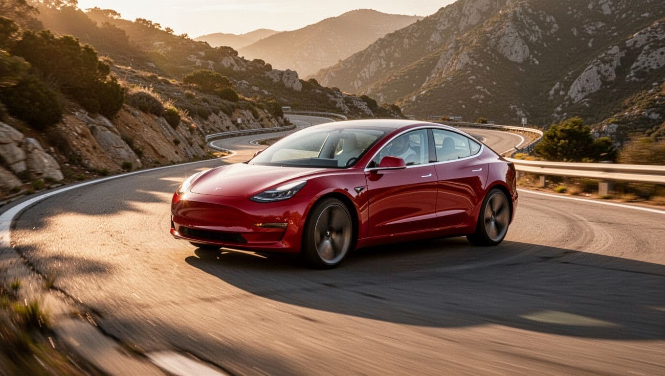Sleek red Tesla Model 3 sedan cornering dynamically on a twisty mountain road at golden hour, with low stance, agile posture, slight tire motion blur, and long shadows in realistic high-speed photo style.