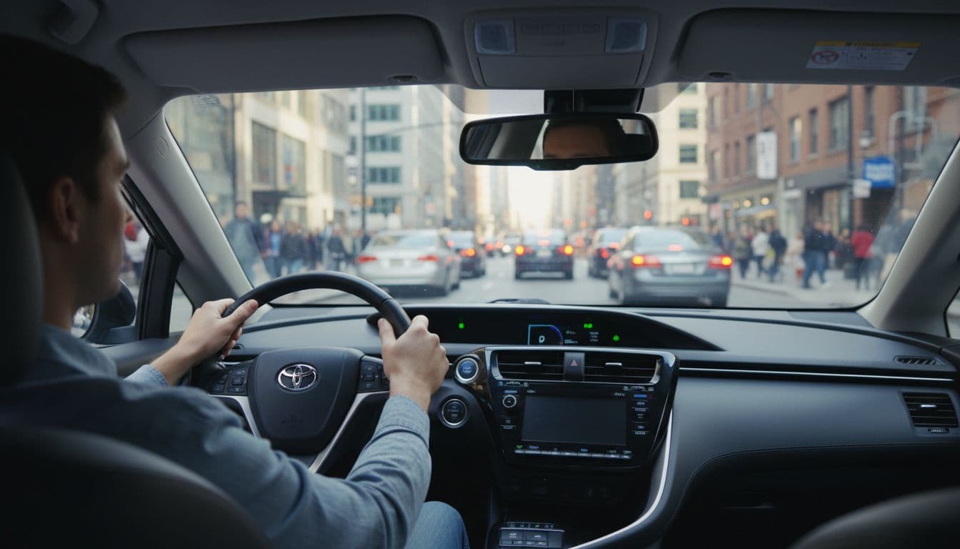 Relaxed driver in modern hybrid sedan glides quietly through stop-and-go city traffic with electric assist active, subtle blue dashboard glow, amid idling cars at red light on busy urban street.