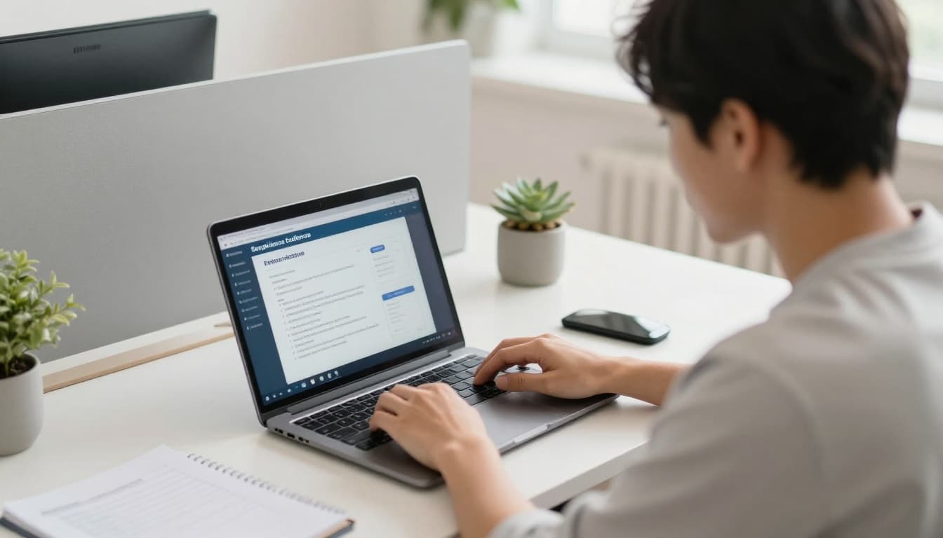 An office worker in a home office setup relaxes with hands on the keyboard while checking a compliance evidence collection interface on an angled laptop screen. The clean, realistic scene in natural daylight focuses solely on the person and device environment.