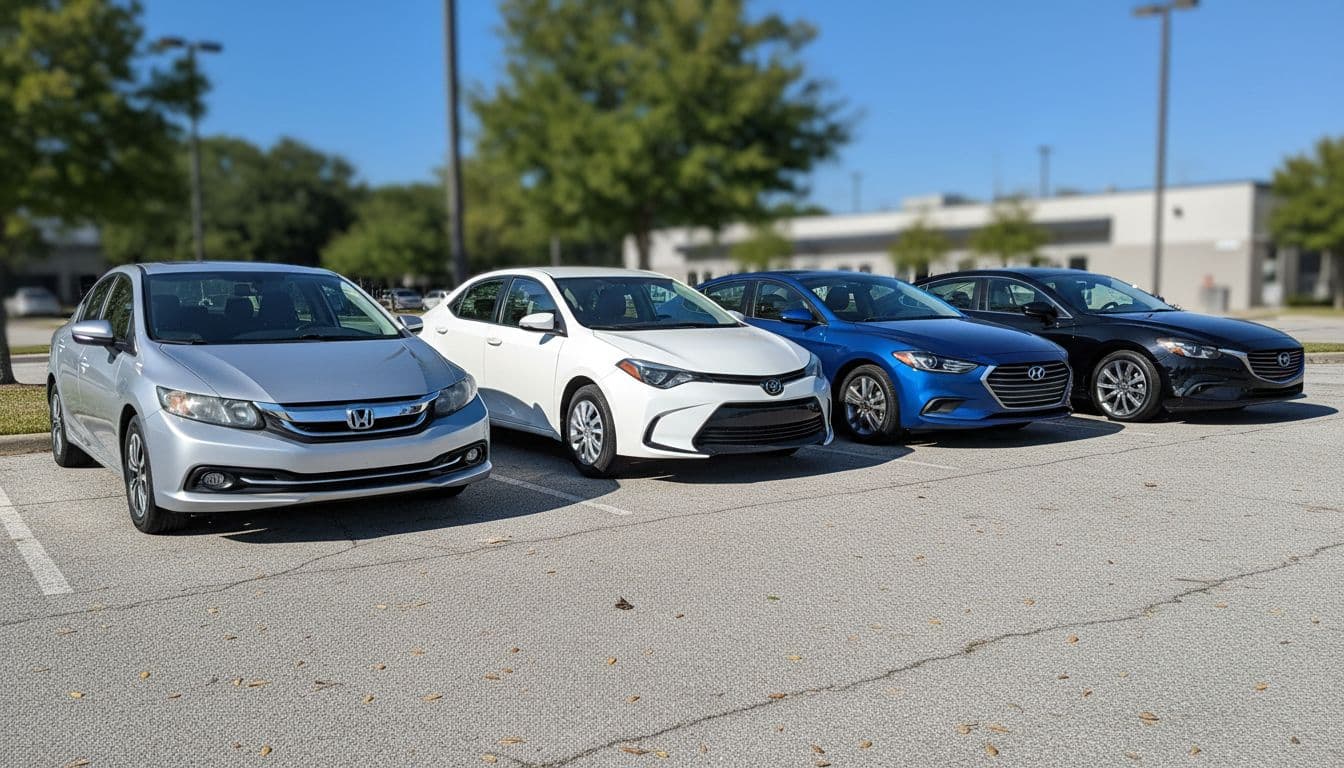 Four clean used sedans—Honda Civic, Toyota Corolla, Hyundai Elantra, and Mazda6—parked side by side in a sunny outdoor lot, captured in a realistic front three-quarter view with bright natural daylight.