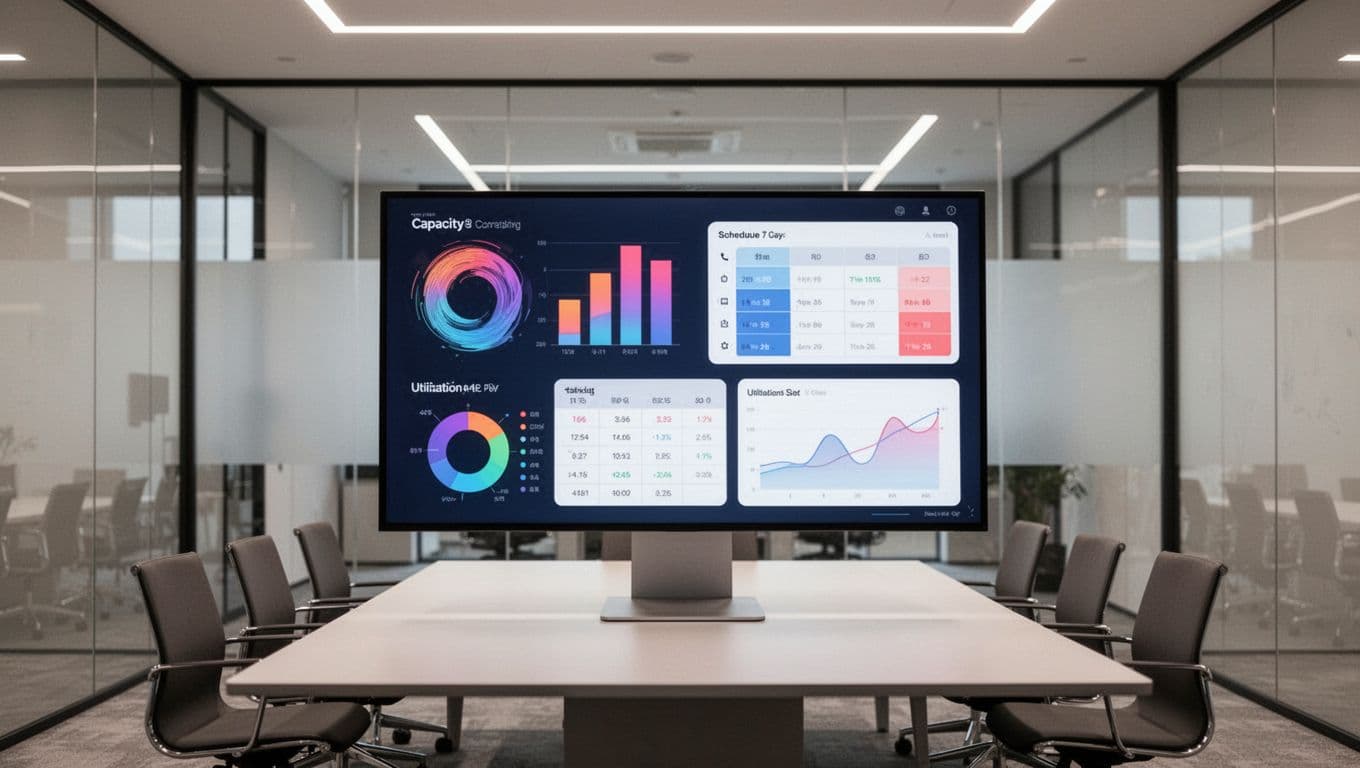 Desktop screen in a modern conference room displays a minimalist resource allocation dashboard with consultant schedules, workload capacity bars, availability calendars, and utilization metrics, without readable text. It depicts team capacity and scheduling overview in landscape view under even lighting.