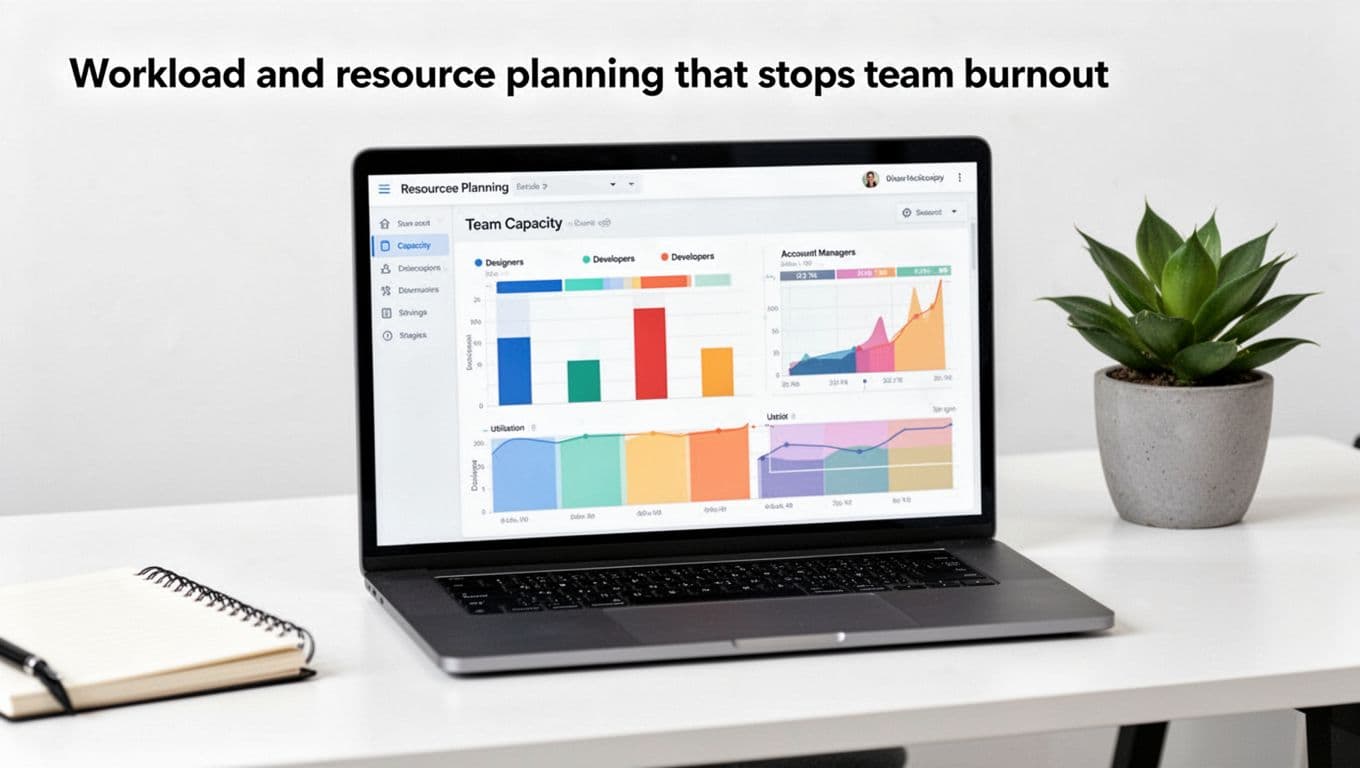 Clean resource planning dashboard screenshot on laptop screen illustrating team capacity with bar charts for designers, developers, and account managers, colorful utilization graphs in a modern office desk setting.
