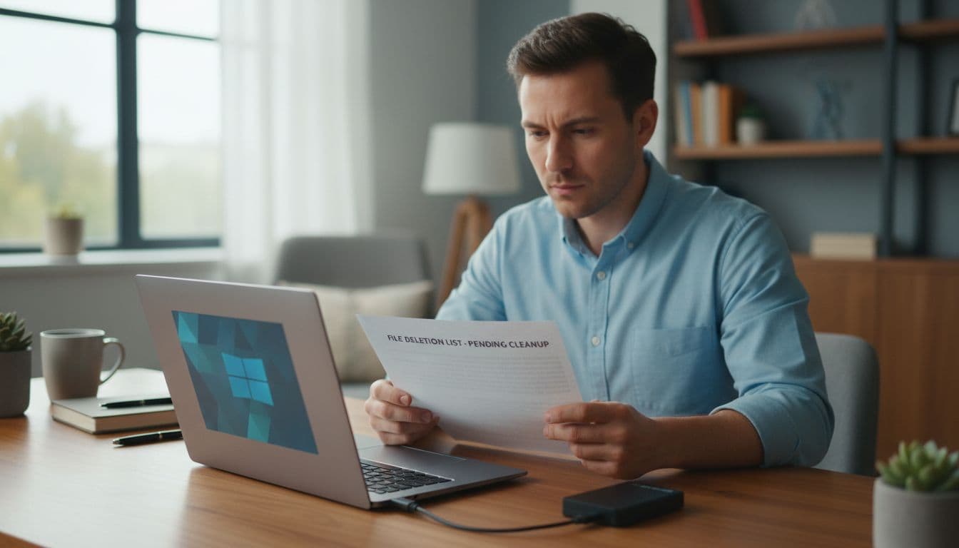 A focused individual at an organized desk reviews a file deletion list on a Windows 11 laptop, with a backup drive nearby, emphasizing safe PC cleaning habits in natural indoor light.