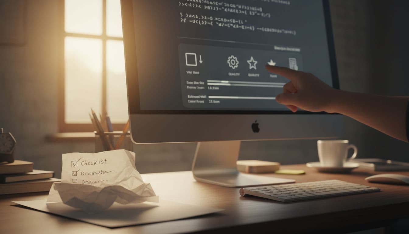 Close-up of a paper checklist next to a computer screen showing video file specs icons for size, format, and quality in an office desk with warm lighting and one relaxed pointing hand.
