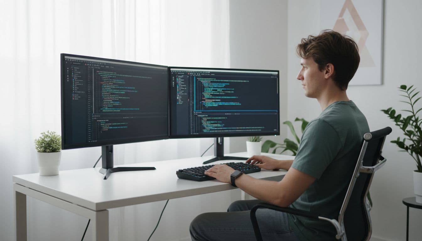 A developer in a relaxed pose codes on a large Rust project using a high-performance editor on dual monitors in a modern minimalist office with soft natural light.