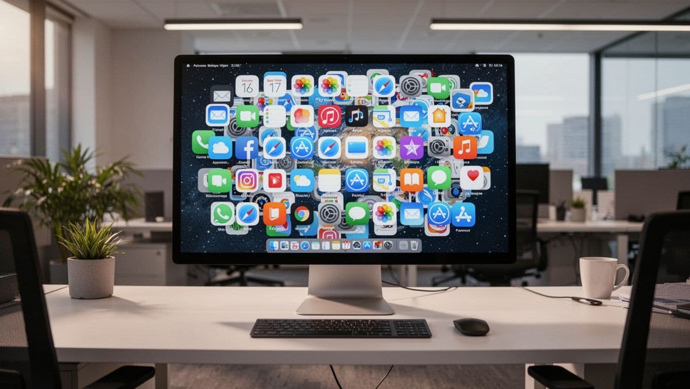 A cluttered computer desktop screen filled with dozens of overlapping SaaS app icons like Slack, Zoom, and Salesforce, illustrating the chaos of app sprawl in a modern office with soft lighting.