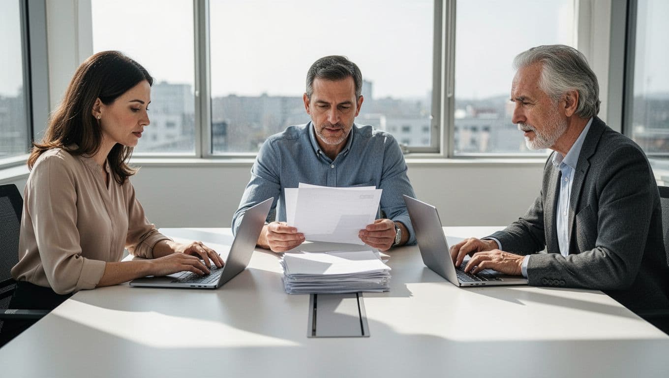 A small diverse team of three professionals, two men and one woman, sits around a conference table in a bright office, reviewing a printed list of SaaS apps on paper and laptops during a focused discussion.