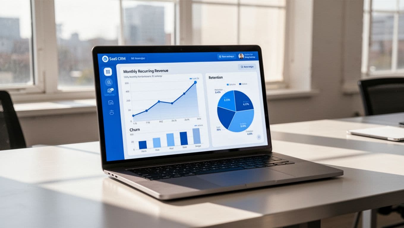 A modern SaaS CRM dashboard displayed on a laptop screen in a bright office, featuring an upward MRR trend line graph, low churn rate bar chart, and high retention pie chart with a clean blue interface and natural window light.