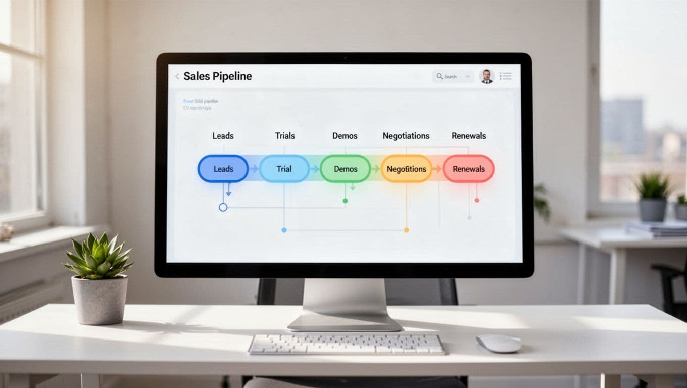 Clean digital dashboard on a computer screen displaying sales pipeline stages: leads, trials, demos, negotiations, and renewals. Modern office desk with soft natural light in professional minimalist style.