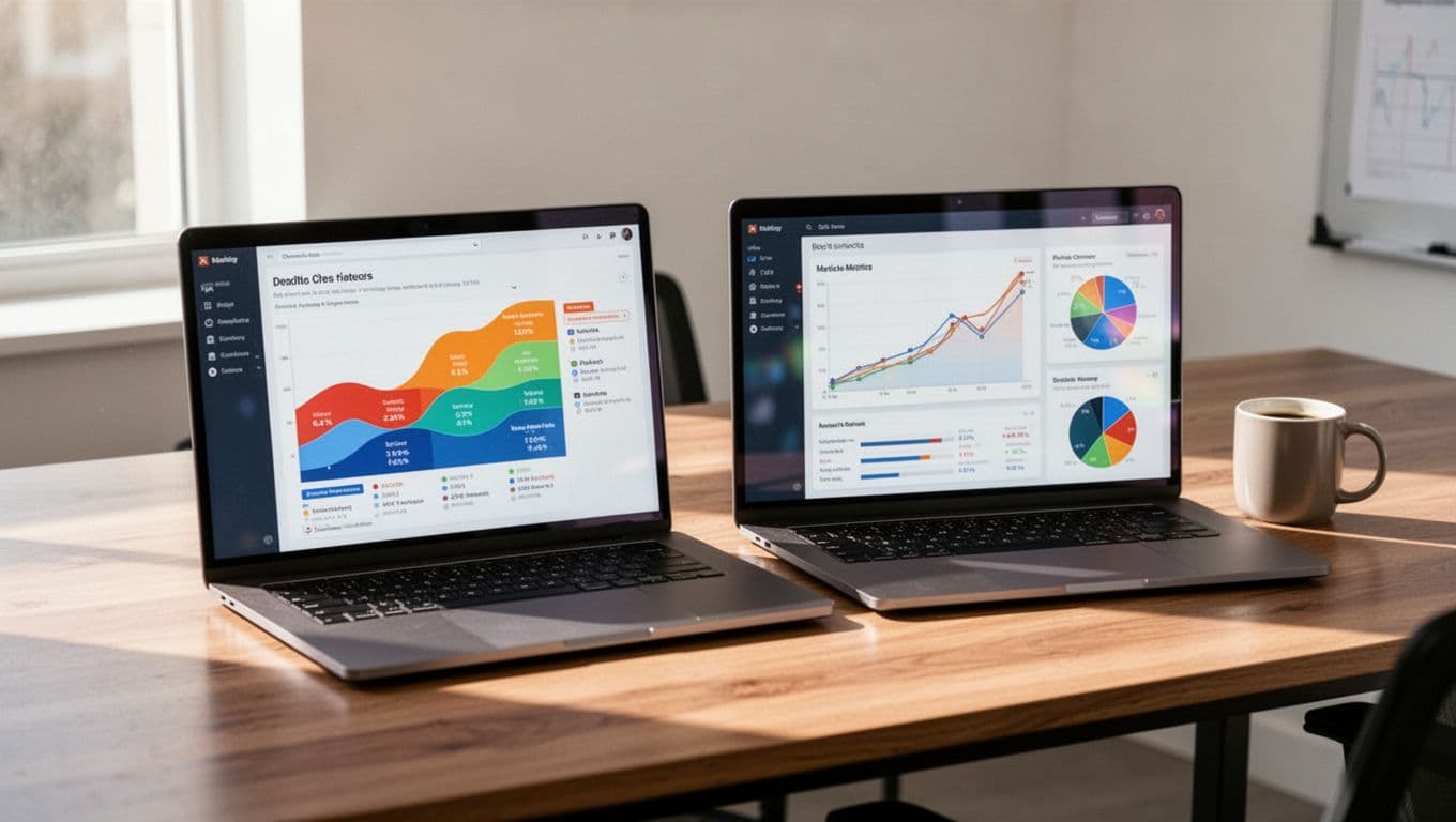 Two laptop screens side by side on a modern wooden desk in a bright office, showing a sales pipeline view on the left and SaaS metrics dashboard with MRR graph and churn chart on the right, with subtle reflections and natural light.