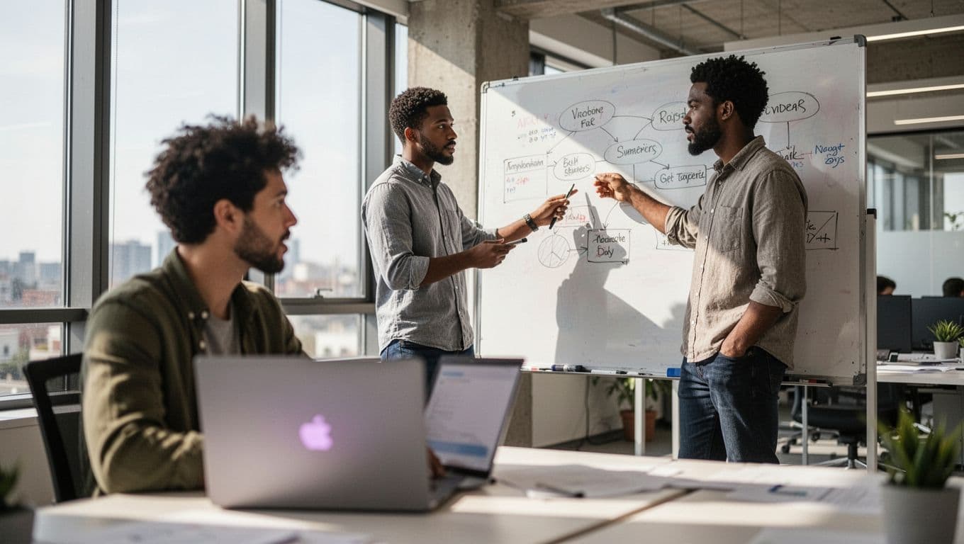 Diverse group of four developers in a modern office collaborating on a SaaS project, one at a laptop with blurred AI interface, others at whiteboard, natural daylight, realistic photo focusing on teamwork and efficiency.