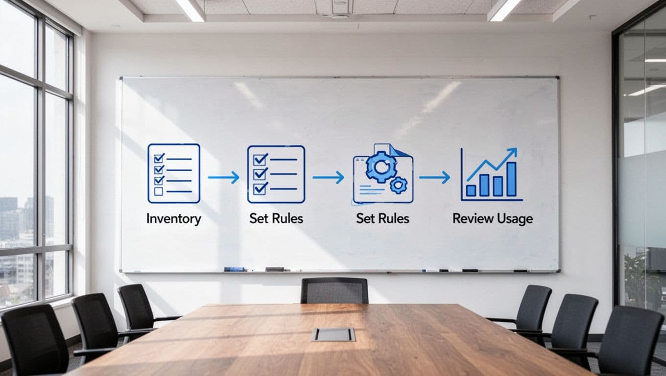 Minimalist flowchart diagram on a whiteboard in a modern conference room depicting inventory, set rules, and review usage steps with visual icons like list, checklist, and graph, connected by arrows in bright natural light.