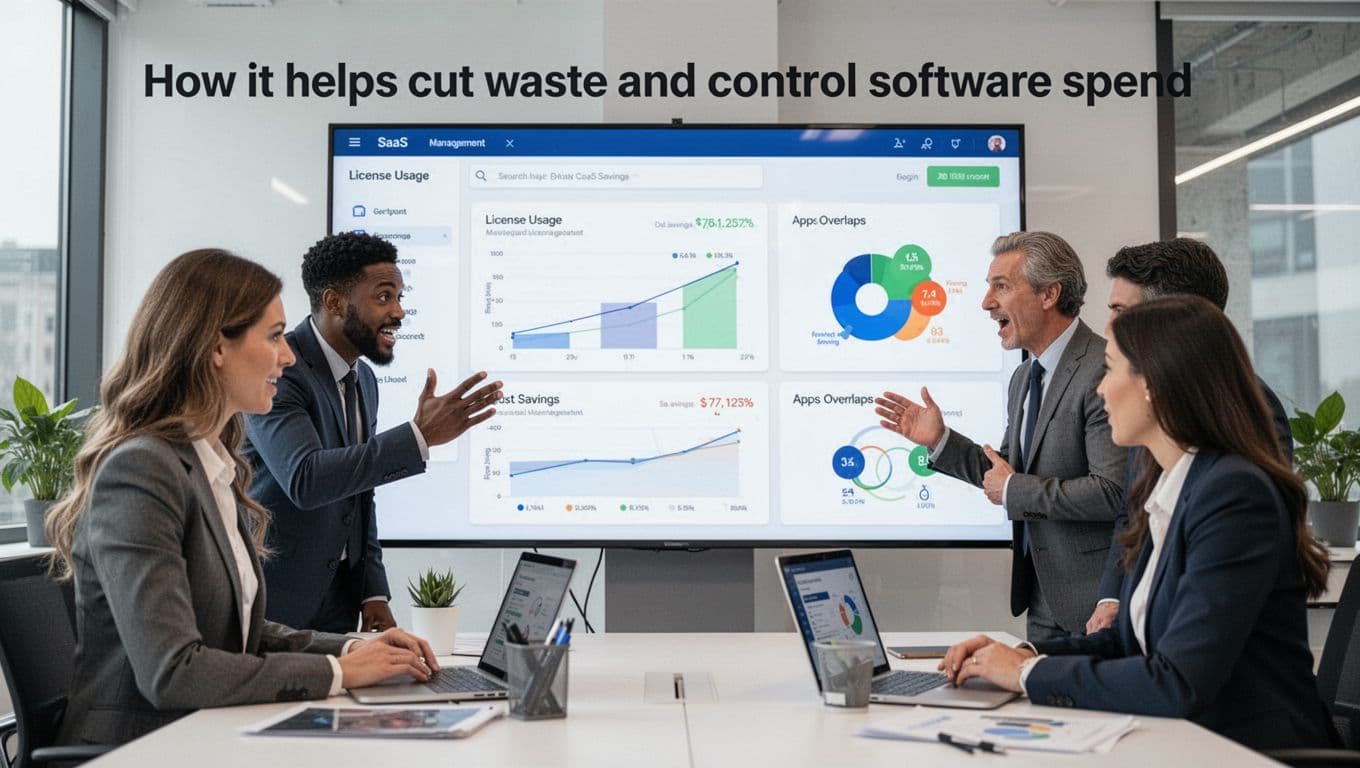 Professional finance team in a modern office gathers around a large screen displaying a SaaS management dashboard with charts on license usage, cost savings, and app overlaps. Exactly three people react to savings discovery under natural lighting with clean composition focused on the screen.