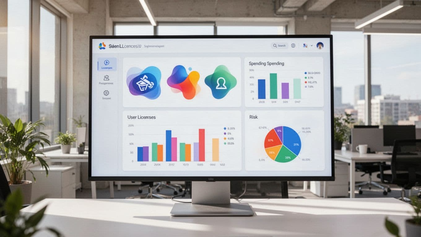 Clean professional dashboard on a large monitor in a bright modern office, showing colorful icons of SaaS apps, bar graphs for user licenses and spend, and pie charts for risks.