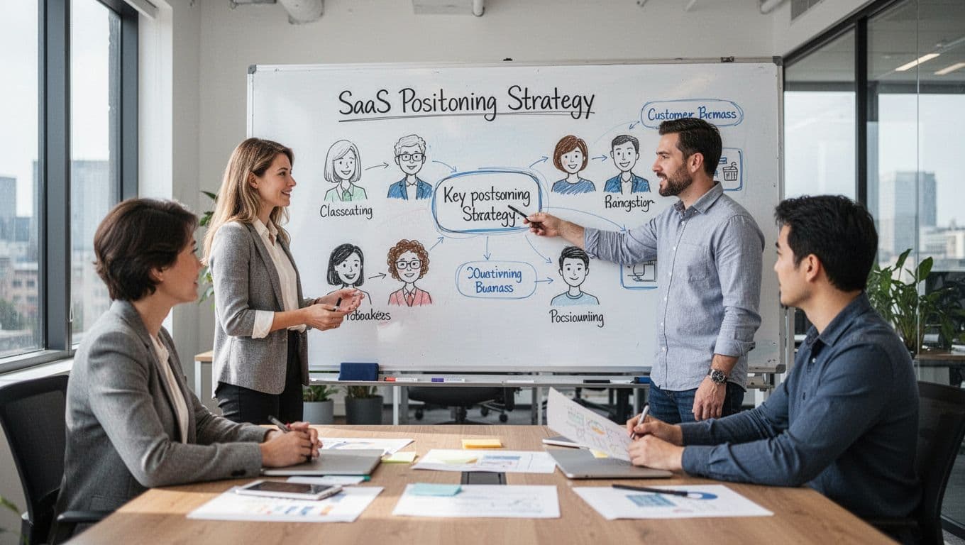 Marketing team in a modern office brainstorming SaaS positioning strategy around a whiteboard with simple sketches of customer personas and product benefits, one facilitator points to a key message, natural daylight lighting, realistic style, exactly three people present.