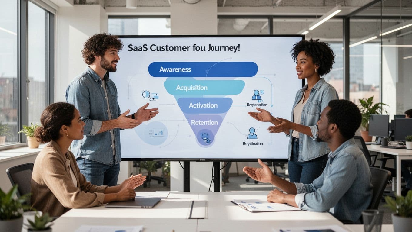 Modern marketing team of four diverse professionals in a bright office collaborates around a large screen displaying a SaaS customer journey funnel from awareness to retention, featuring charts and icons for SEO, content, ads, and email.