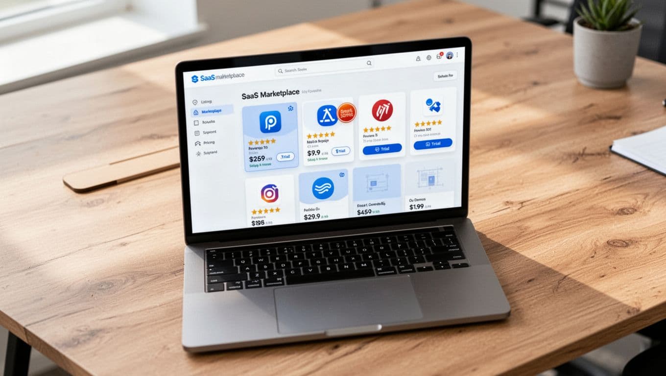 Clean laptop screen displaying a SaaS marketplace interface with software cards, icons, star ratings, pricing badges, and trial buttons on a modern wooden desk in a bright office, top-down angled realistic photography.