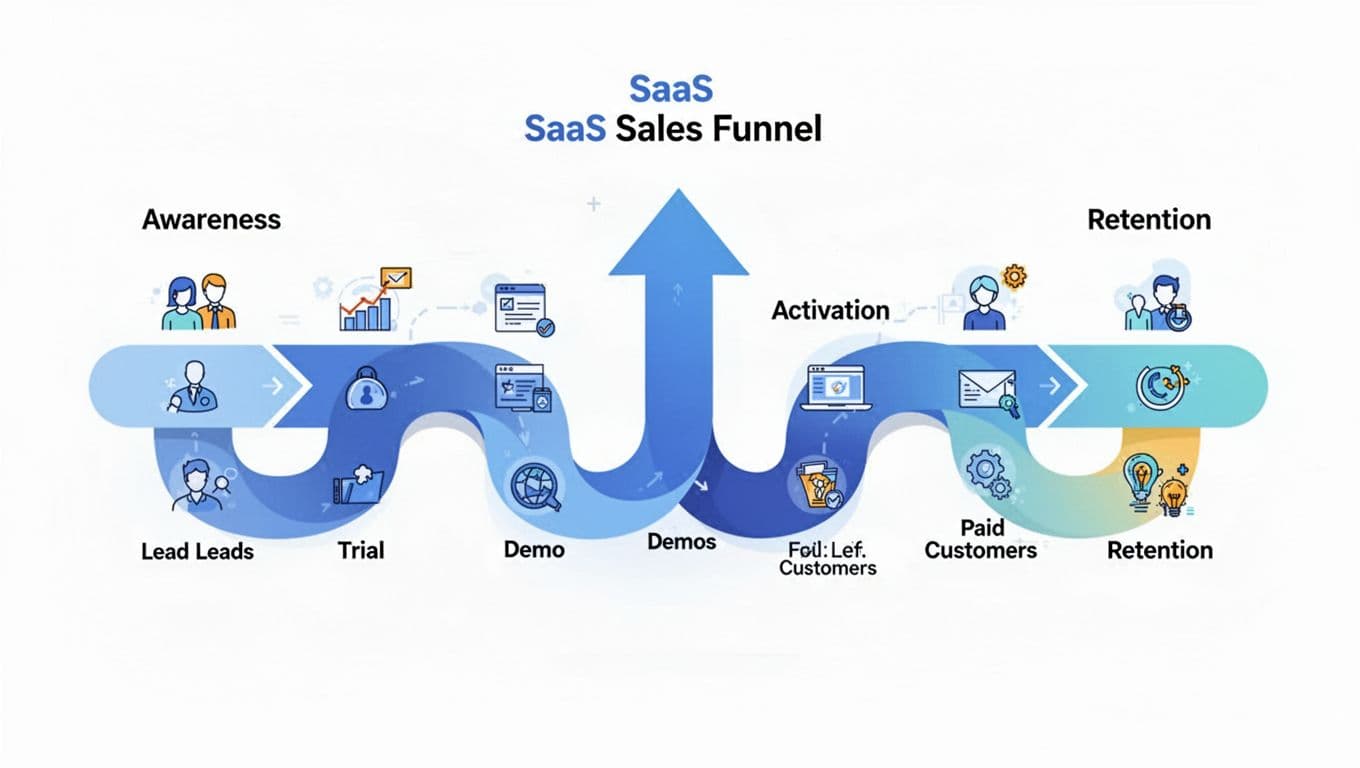Modern flat design visualization of a SaaS sales funnel as a flowing pipeline from awareness to retention, featuring icons for leads, trials, demos, paid customers, activation, and a central upward arrow on a white background.