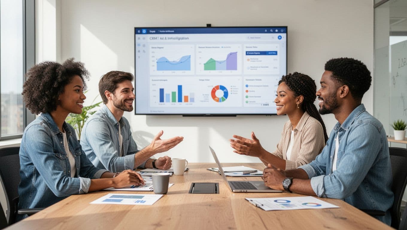 Diverse small sales team of three in a bright conference room, gathered around a table viewing CRM performance charts on a wall-mounted screen during collaborative discussion with relaxed hand gestures.