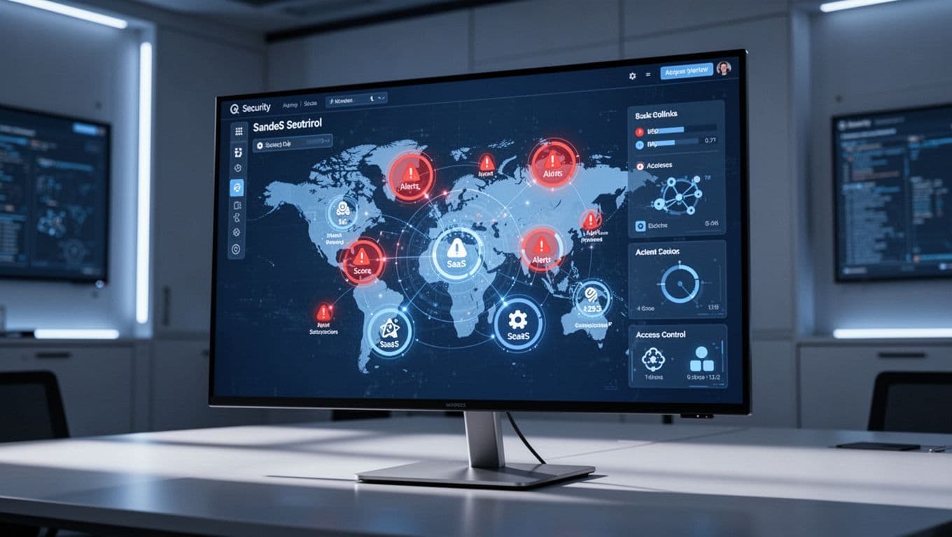 Security dashboard on a computer monitor in a modern control room, displaying SaaS app discovery map with connected apps, risk scores, alerts, and access controls. Emphasizes graphs and icons with soft blue lighting, professional style.