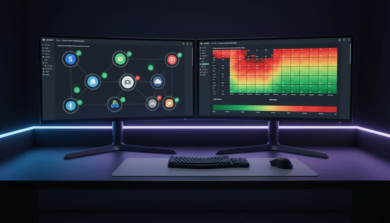 Modern security operations center desk with dual monitors displaying a SaaS security dashboard featuring colorful app icons like Slack, Zoom, Salesforce in a graph, risk heat map, and green/red indicators. Dim office lighting, realistic photo style, one keyboard and mouse, no people.