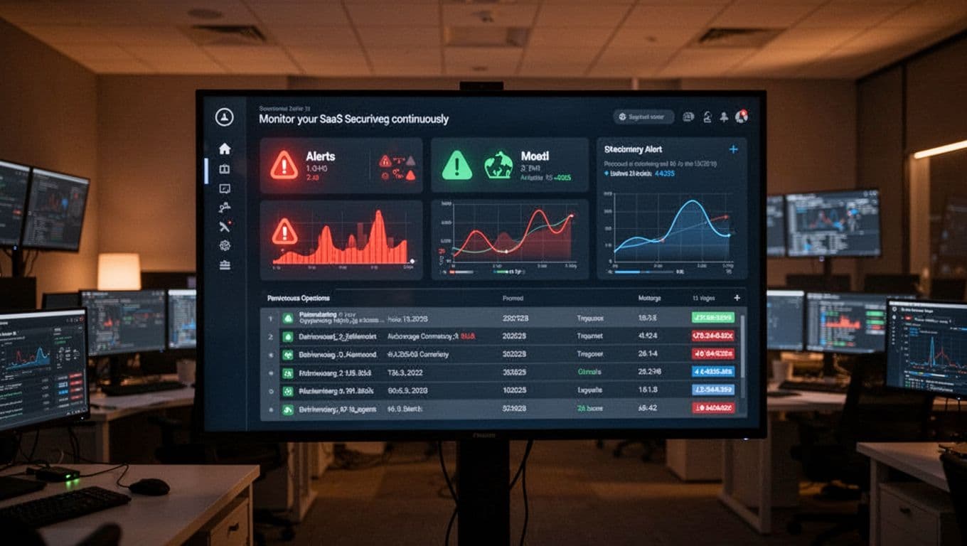 Modern security operations dashboard on a single large monitor in a dimly lit control room, displaying alert icons, graphs, and log entries with warm ambient lighting and realistic focused composition.
