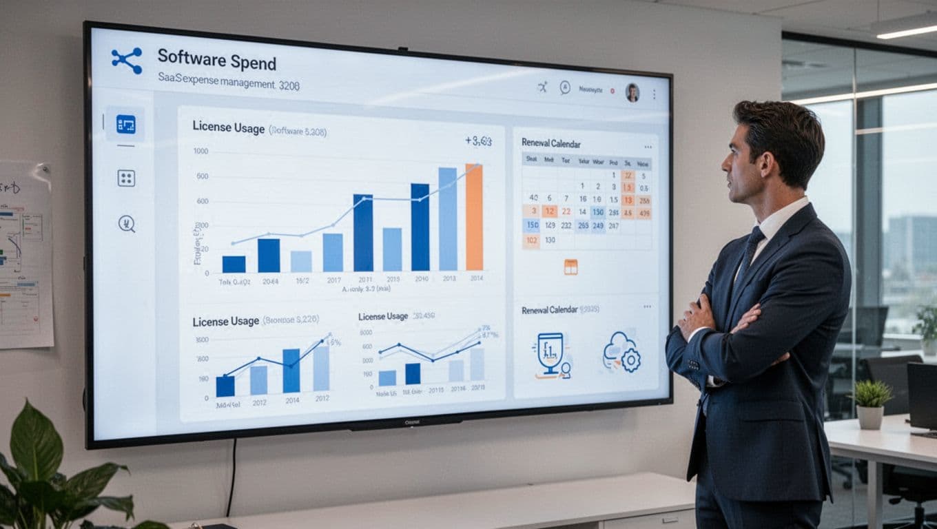 A professional in business attire views a large angled screen dashboard from afar with arms crossed, displaying charts of software spend, license usage bars, and renewal calendar icons in neutral lighting, realistic photo style.