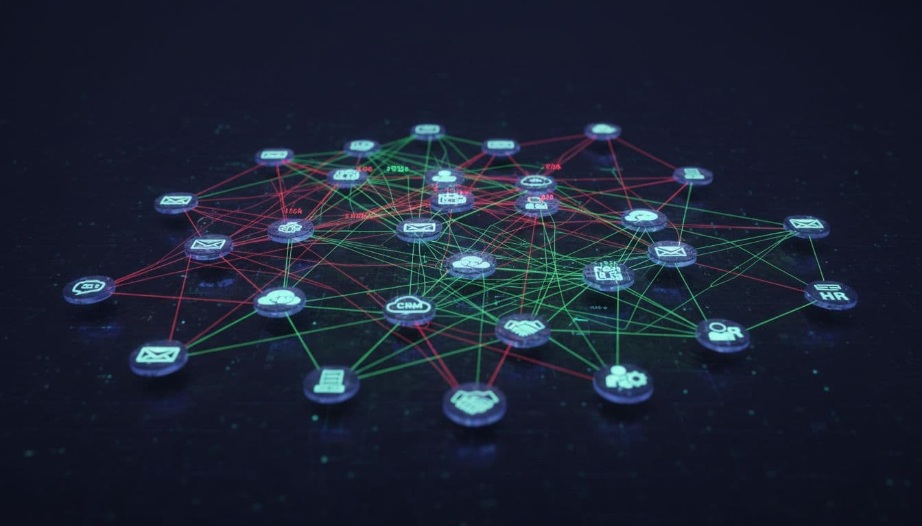 Abstract digital illustration of a tangled web of SaaS icons including email, chat, CRM, and HR, interconnected with lines glowing red for high risk and green for secure, set against a dark futuristic cyber background with high contrast lighting.
