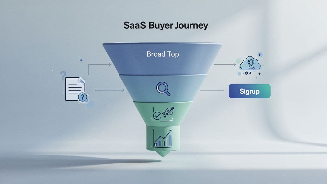 Illustration of a three-stage buyer journey funnel for SaaS products: wide top with awareness icons like blog posts and problem questions, middle with consideration icons like use cases and comparisons, narrow bottom with decision icons like signups and demos. Clean vector graphic in blue and green colors from a side view.